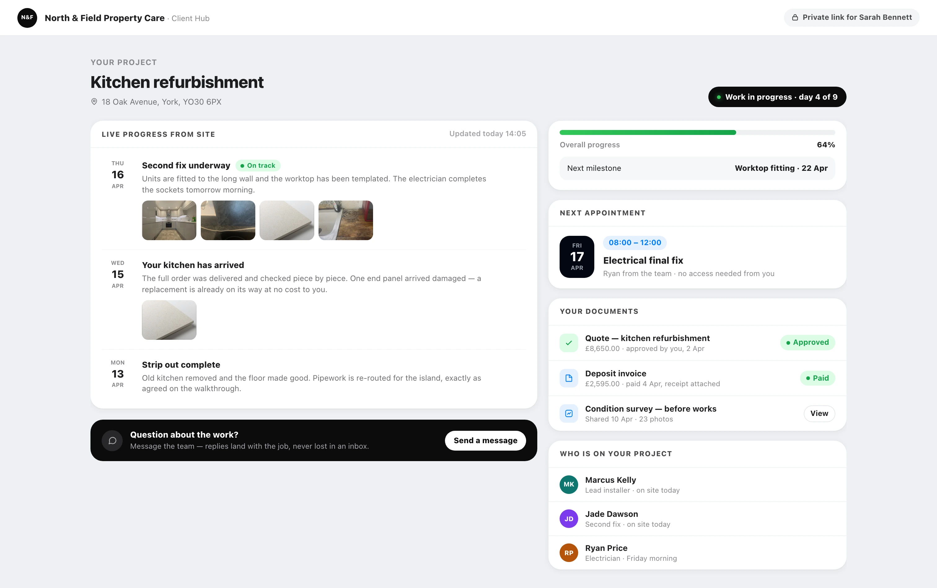Forman Client Hub — the private live project view a client sees