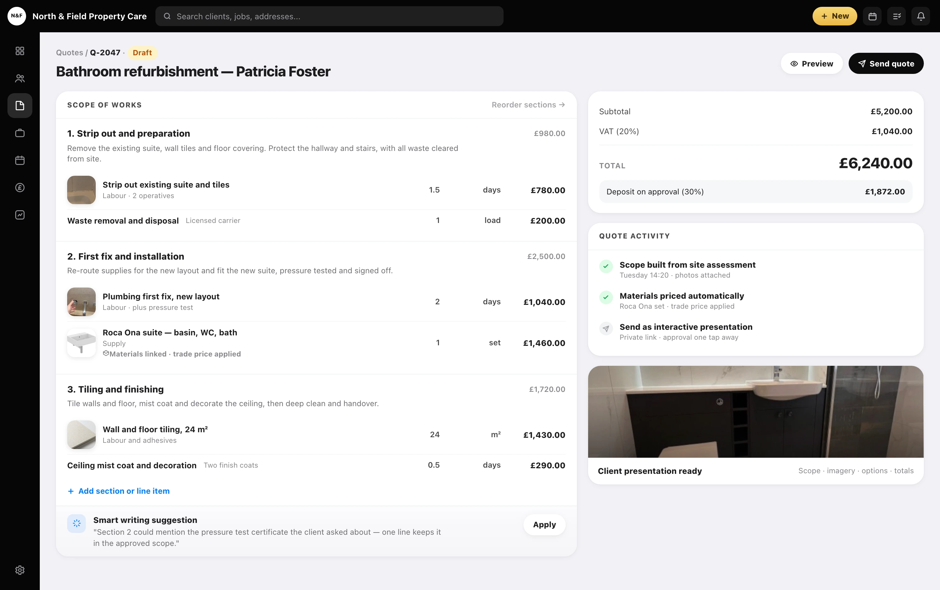 Forman Smart Quote Builder with photo line items and live totals